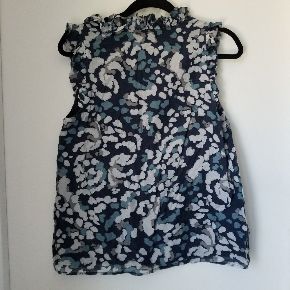 LOFT M Blue Green Grey Print Ruffled Shell - Picture 5 of 8
